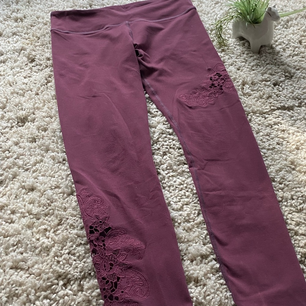 maroon mesh see-through floral design leggings